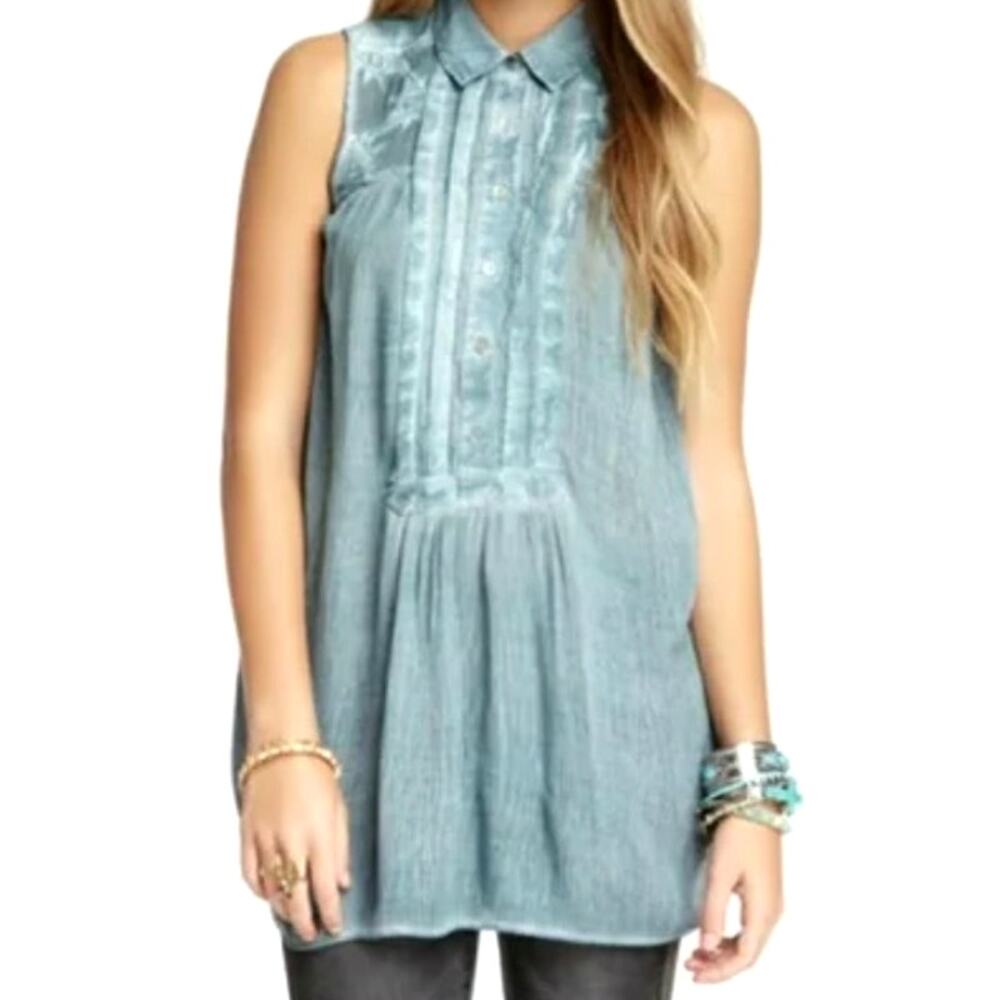Free People Southwestern Top Womens Small Dusty Blue Mesh Yoke Sleeveless Rodeo